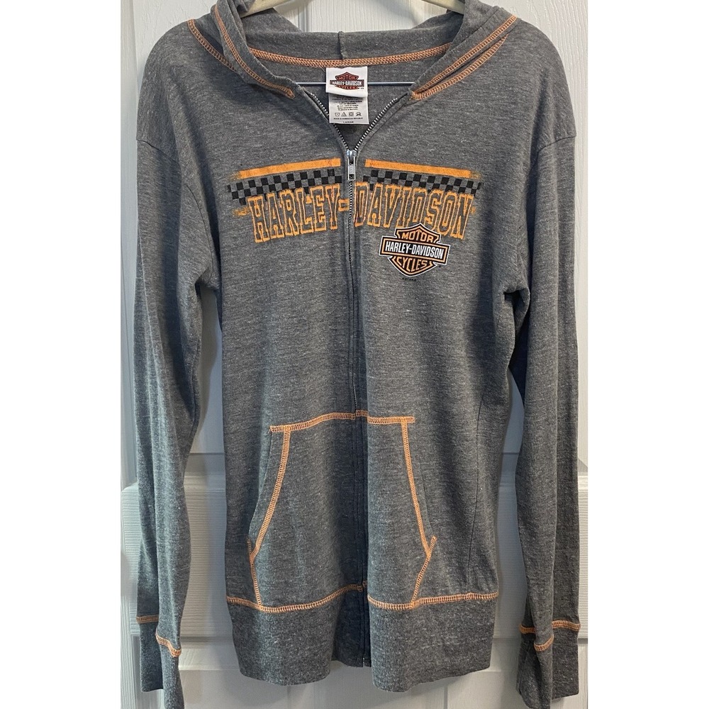 HARLEY DAVIDSON Womens Bikers Logo Gray Hooded Zip Up Sweatshirt M/L Lightweight